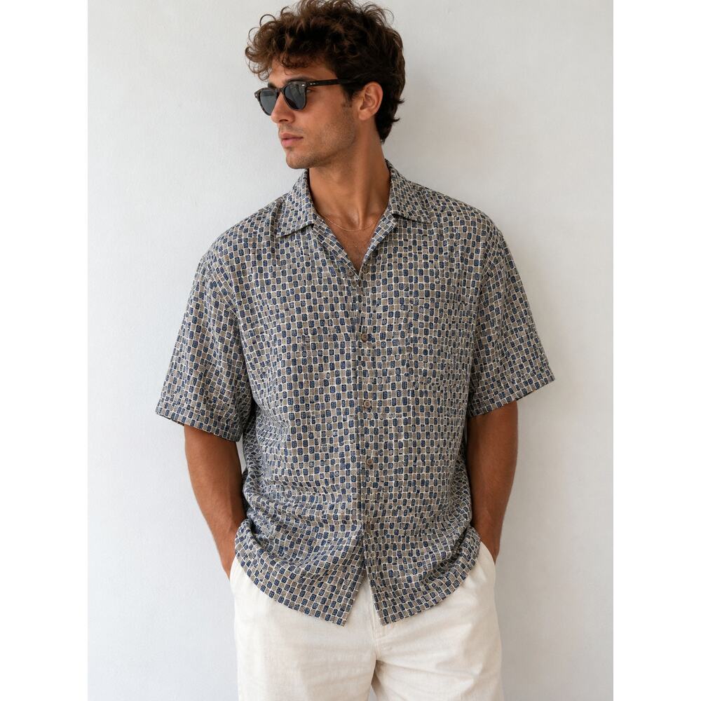 Vintage 100% Silk Button Up Shirt  Lion’s Den XL Geometric Print Camp Shirt Y2K